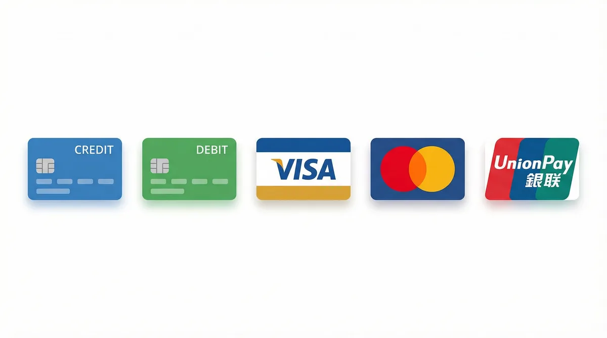呦呦视频支持的支付方式图标-信用卡借记卡银联维萨万事达
